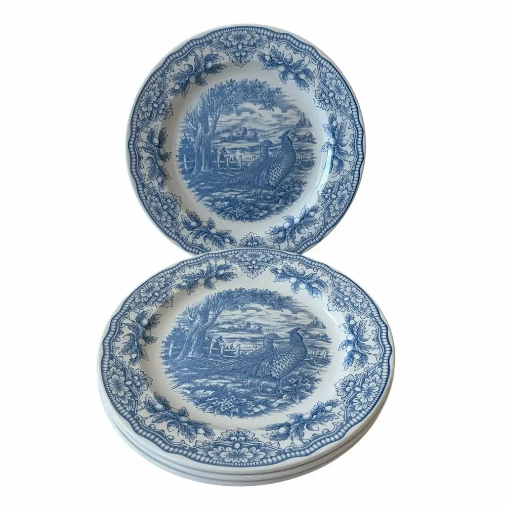 Royal Stafford Thanksgiving Pheasant Dinner Plates 11in Set of 4 Blue NEW